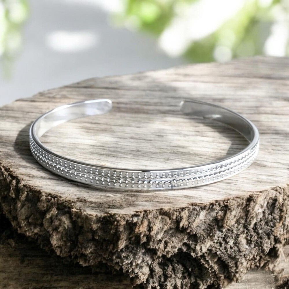 Shiny Sterling Silver Scalloped Open Cuff Bangle Handmade - 5.6mm Wide